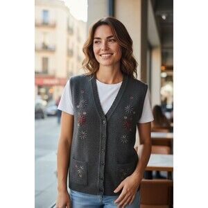 Vintage Unbranded Women’s Embroidered Gray Sweater Best Size XL Grandmacore